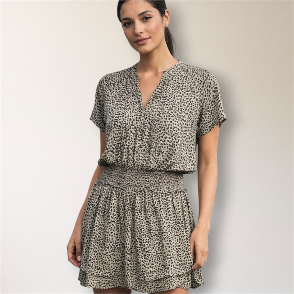 Rails Karla M Olive Animal Leopard Print Mini Dress Boho Flowy Smocked Waist